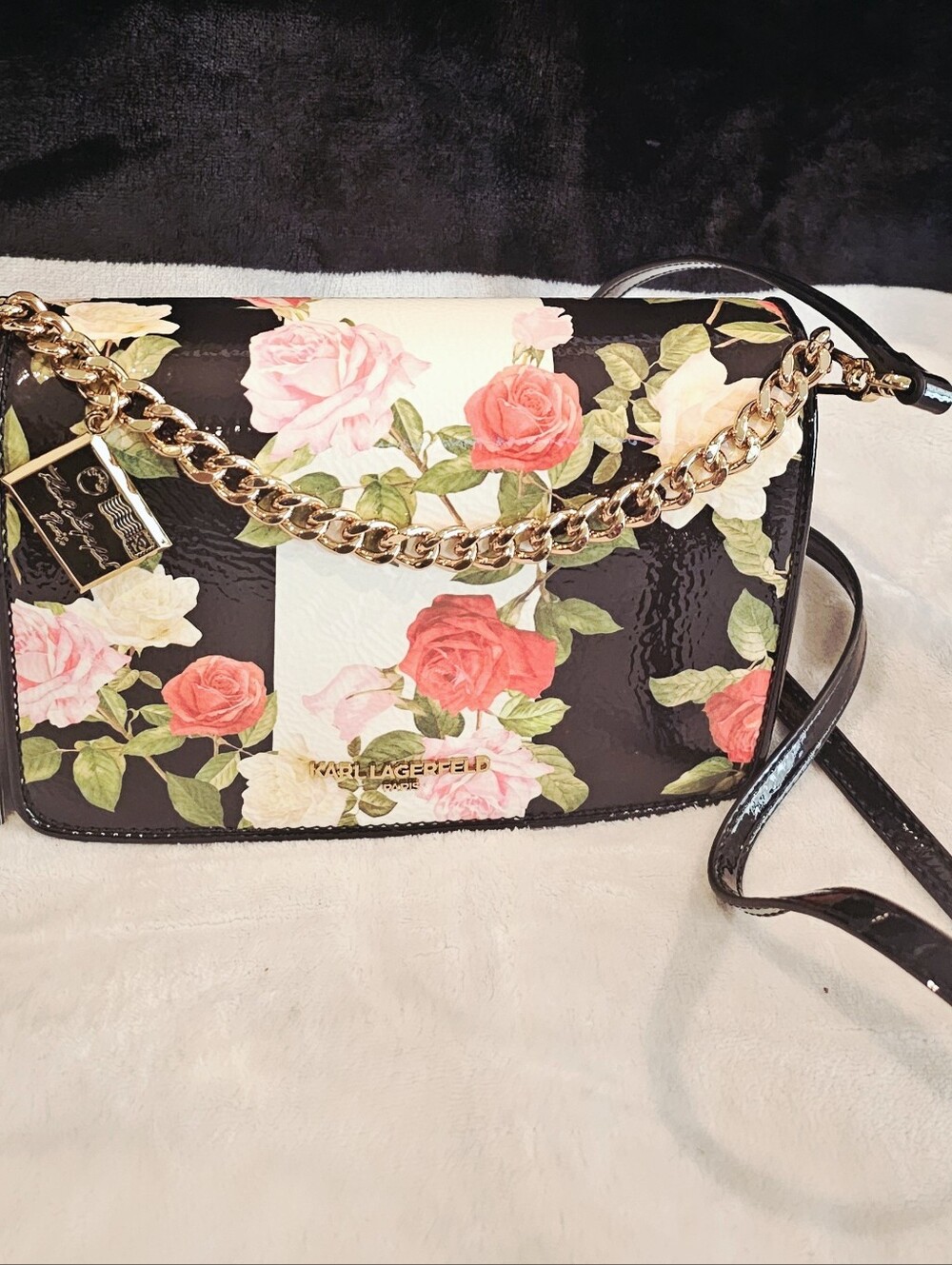 Karl Lagerfeld Floral Patent Leather Crossbody Bag - Black with Pink & Red Roses